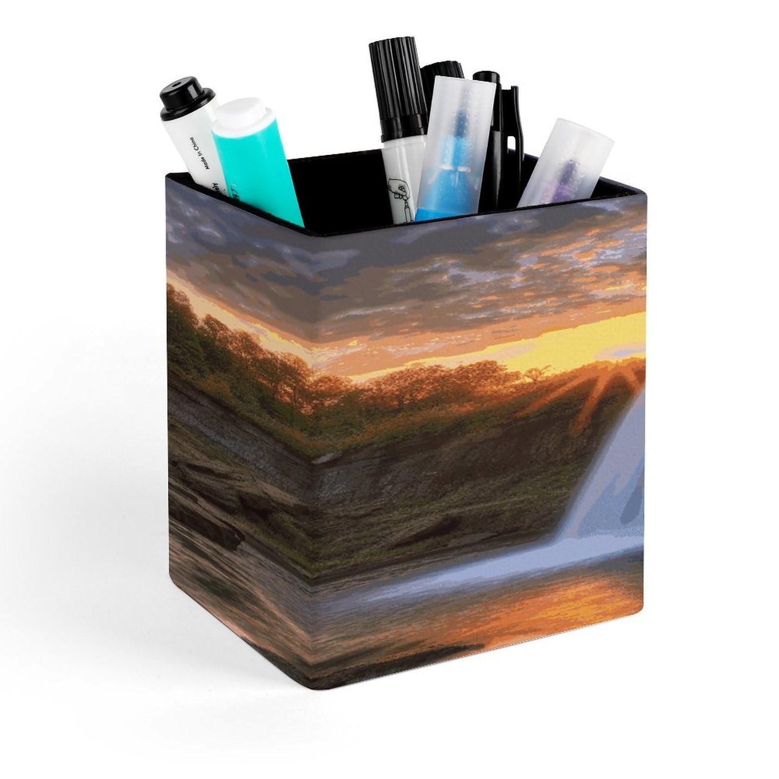 FekiLoot Waterfall at Sunset Pencil Holder for Desk Square Leather Pen Holder Cup Desktop Organizer Multi-Functional Pencil Cup Holders Modern Decorative Desk Organizer Caddy Makeup Brush Holders