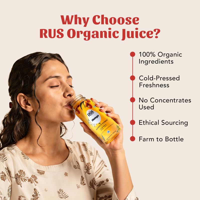 Image of Rus Organic Mango Juice | Natural Fresh Alphonso Mango Fruit Juice | Cold-Pressed | Pack of 8 (250ml Each) | No Added Sugar or Preservatives | Rich in Antioxidants | Refreshing Drink