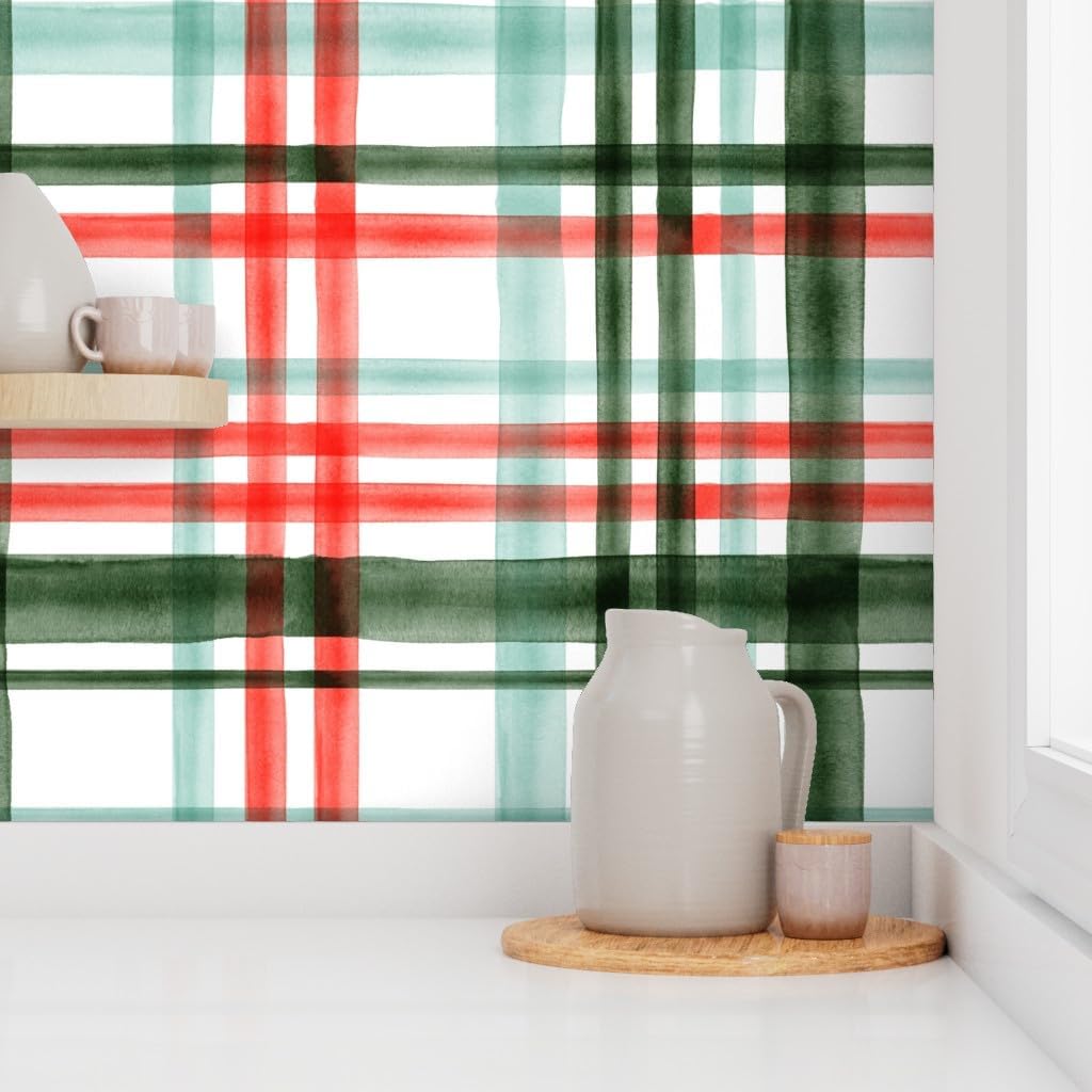 Spoonflower Peel & Stick Wallpaper 3ft x 2ft - Christmas Watercolor Plaid Mint Green Red Traditional Winter Season Custom Removable Wallpaper