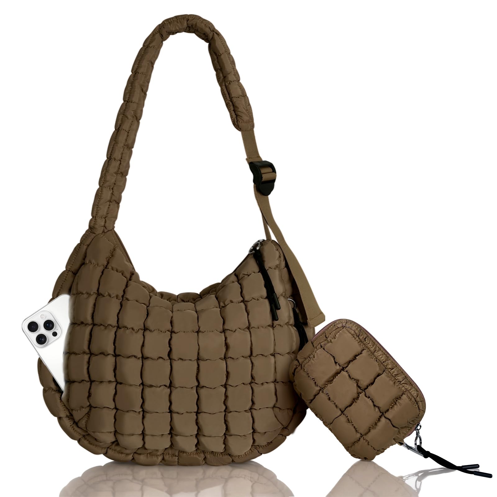 Puffer Tote Bag Quilted Carryall Bag Adjustable Shoulder Long Strap Puffy Hobo Crossbody Bag for Women with Detachable Pouch