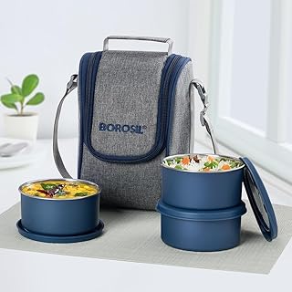 Borosil Carrymore Microwavable Stainless Steel Lunchbox with Bag | 300ml x 3 pc Round Container Set | Tiffin with Food Grade Steel | Vertical | 1 Year Warranty