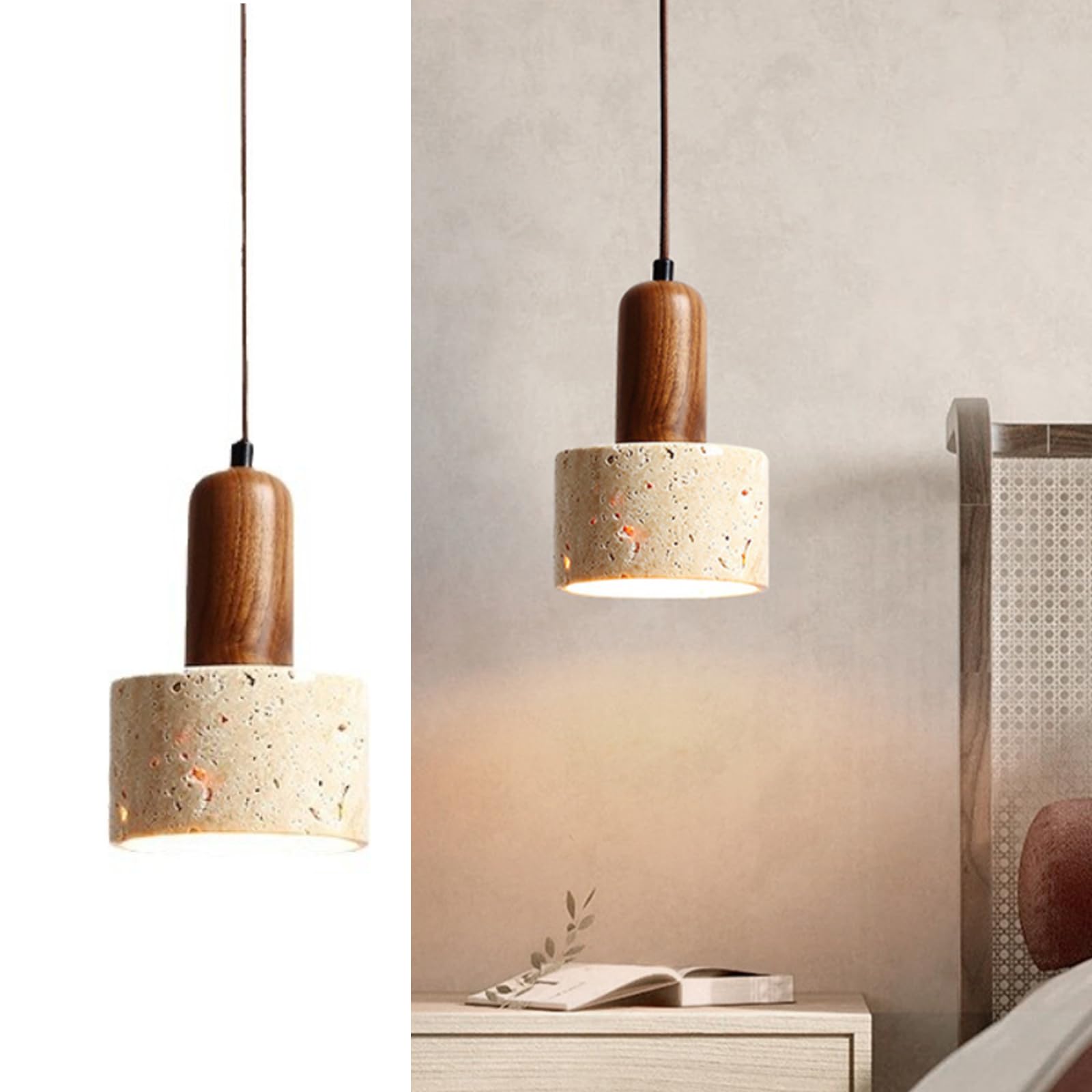 HYJAUSXB Modern Pendant Ceiling Light,Vintage Yellow Travertine Light - Japanese Style, Rustic Wood Industrial Chandelier for Dining Room Table Kitchen Island Farmhouse Bedroom Bathroom