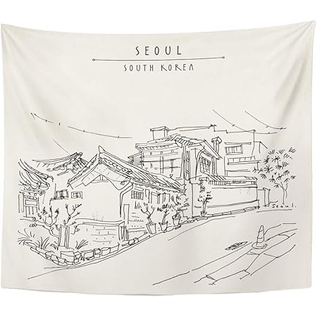 Amazon Co Jp Emvency インテリア 壁タペストリー 韓国風 アジア 伝統的 韓国 ハノク 家 ブコン レトロ 旅行 スケッチ ビンテージ 観光 本 壁掛け ピクニック 寝室 リビングルーム 寮 60x50インチ ホーム キッチン