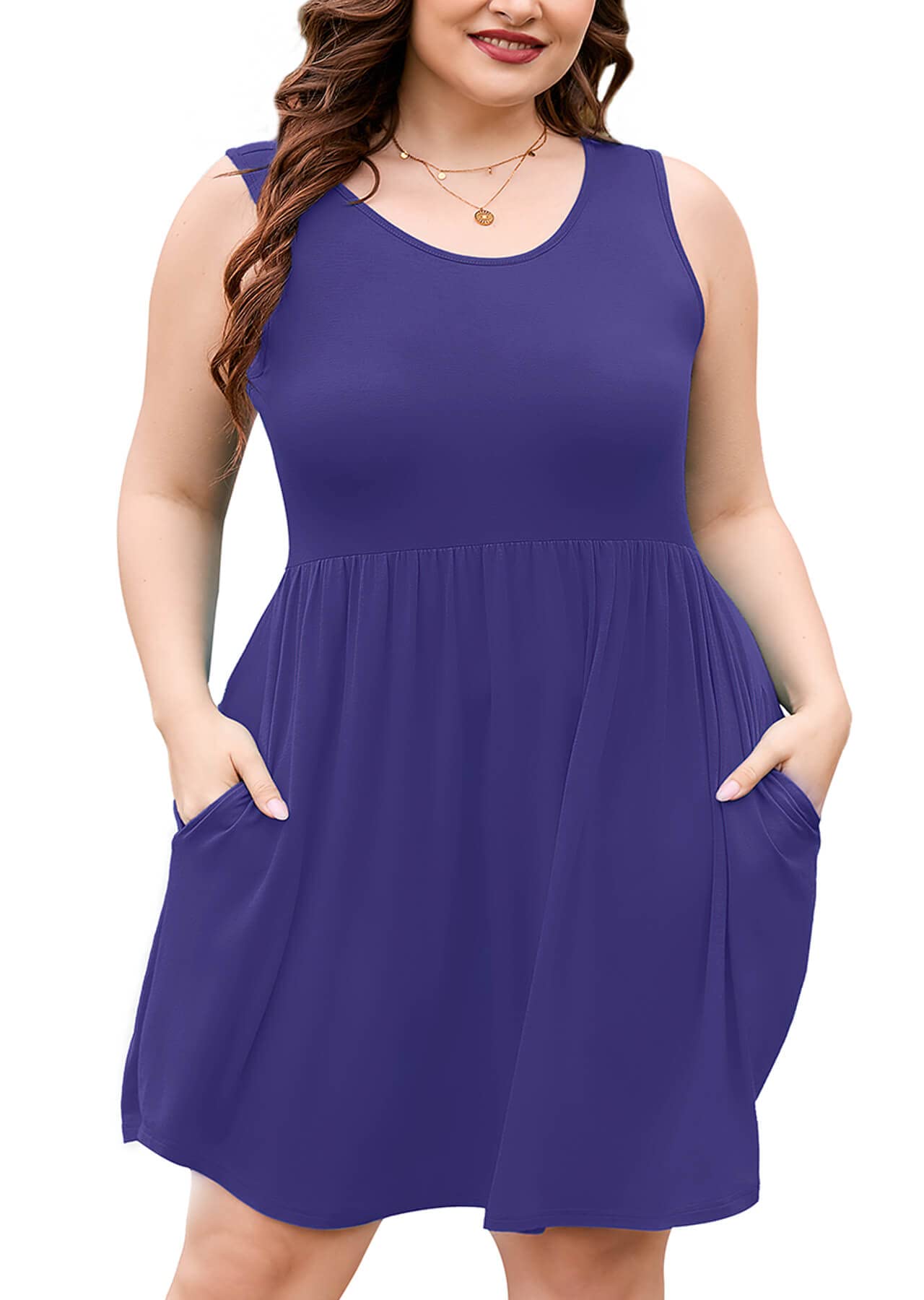 AusLook Plus Size Summer Tank Dress for Women Casual Sleeveless Crewneck Pleated Babydoll Swing Sundresses with Pockets 1X-5X