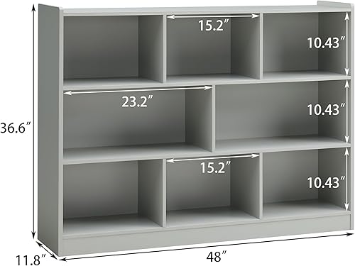 Miniatura 9 de Estantería de 3 niveles, estantería de madera de 8 secciones, organizador de almacenamiento con dispositivo anti-inclinación, gabinete de
