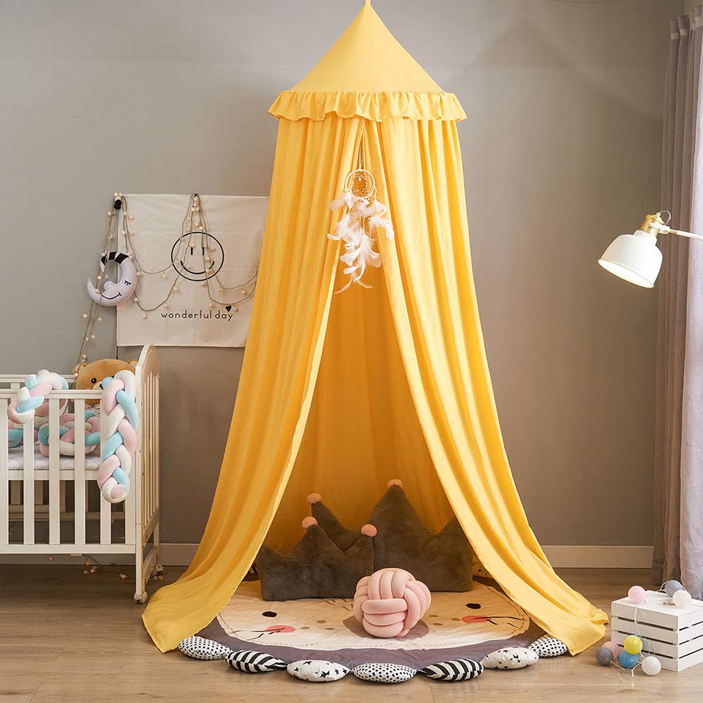 Surwin Bed Canopy for Girls Boys Kids Single Double Bed, Round Dome Bed Canopy Mosquito Net Protection Canopy Play Tent Bedroom Nursery Decoration Hanging Curtain Net (Ruffled Yellow)