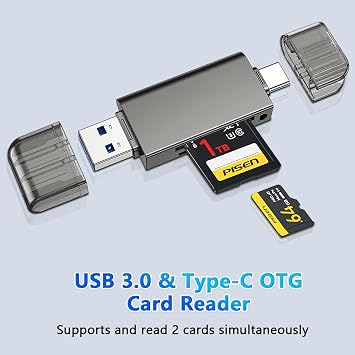 Dual Slot SD Card Reader - USB 3.0 & Type-C OTG Micro SD/TF Memory Card Reader for iPhone, Android, PC - Aluminum Alloy, Plug & Play