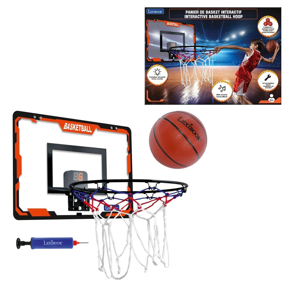LEXIBOOK, Interactive basketball hoop, Score counter, Sound effects, Basketball, pump included and installation kit included, JG920LXB