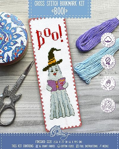 Image of Povitrulya Boo! Halloween Counted Cross Stitch Bookmark Kit - DIY Embroidery Set for Adults