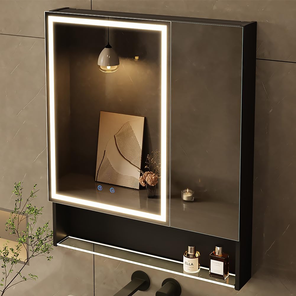 30"×34" Lighted Medicine Mirror Cabinet with Storage Adjustable Brightness 3 Color Temperature Lighting Anti-Fog Sturdy Aluminum Medicine Cabinet with