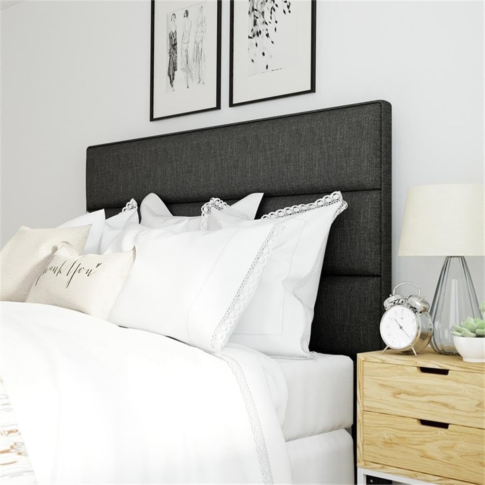 Pemberly Row Queen Upholstered Headboard, Charcoal Gray Fabric, Button Tufted Design, Slim Profile, Padded for Comfort, Modern Contemporary Style Bedroom Accent, 62.25 x 53.25 in Dimensions