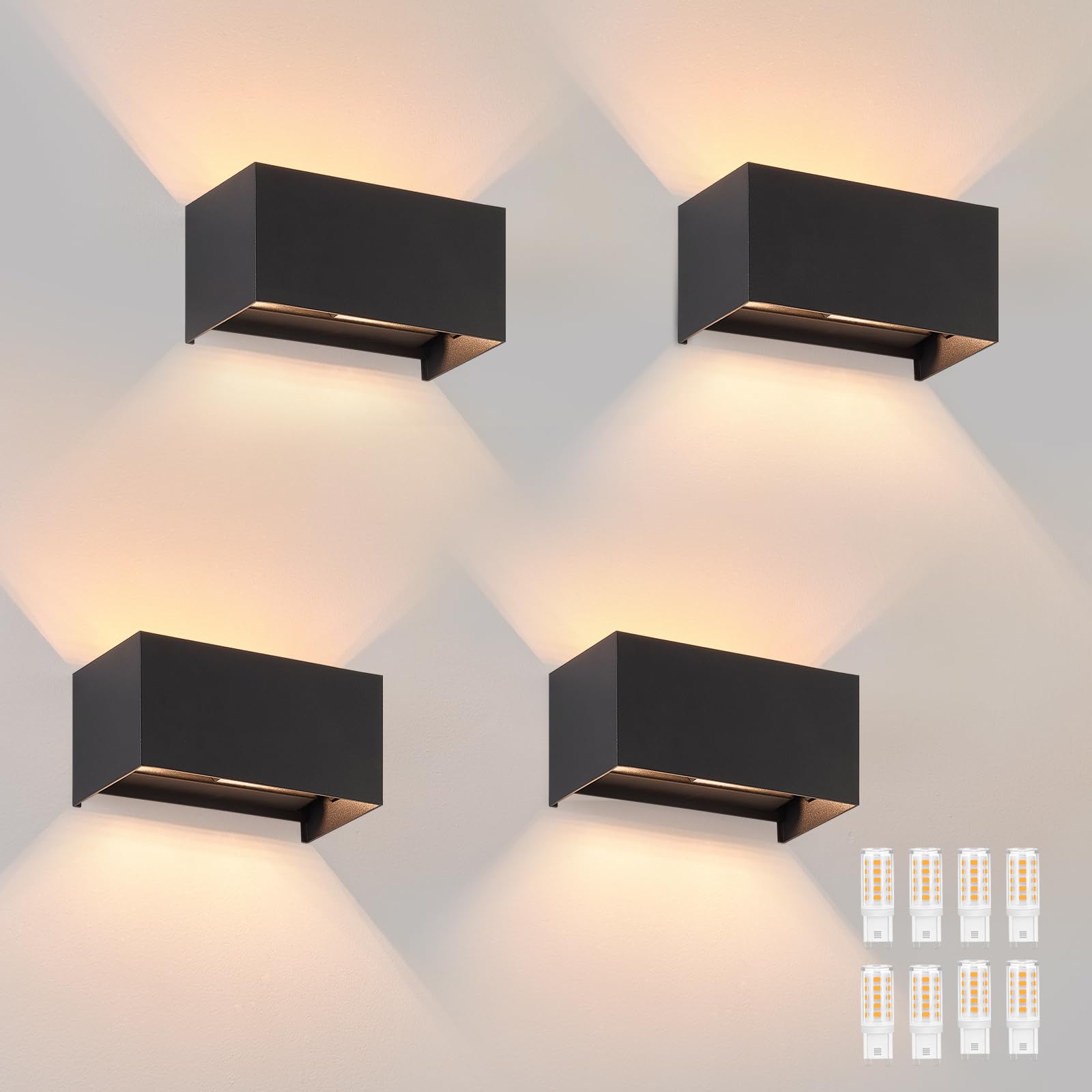 Homefire Lot de 4 appliques murales extérieures LED - Lampe murale extérieure noire, étanche IP65, projecteur mural moderne 3W, lumière blanche chaude réglable G9, pour jardin, terrasse, couloir