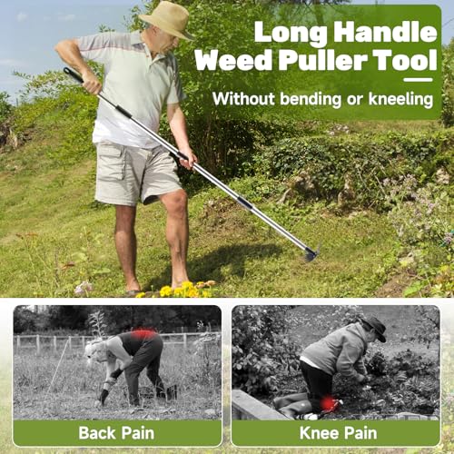 60" Weed Puller Tool with Long Handle and 17" Weeding Tools Gardening Set, Dual Side Hand Weed Rake and Hoe Garden Weeder, Weed Pulling Remover Tool for Yard, Patio, Lawn and Garden Planting (Black) — view 5