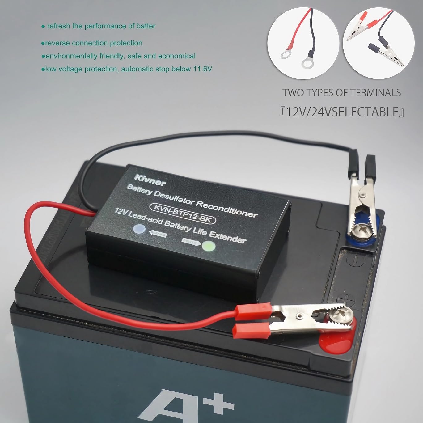 Kivner 12V Lead-Acid Battery Regeneration Life Extender Sulfation Removal Desulfator KVN-BTF12-BK New Version Low Voltage Protection Lead-Acid Battery Desulfator(12, Volt)