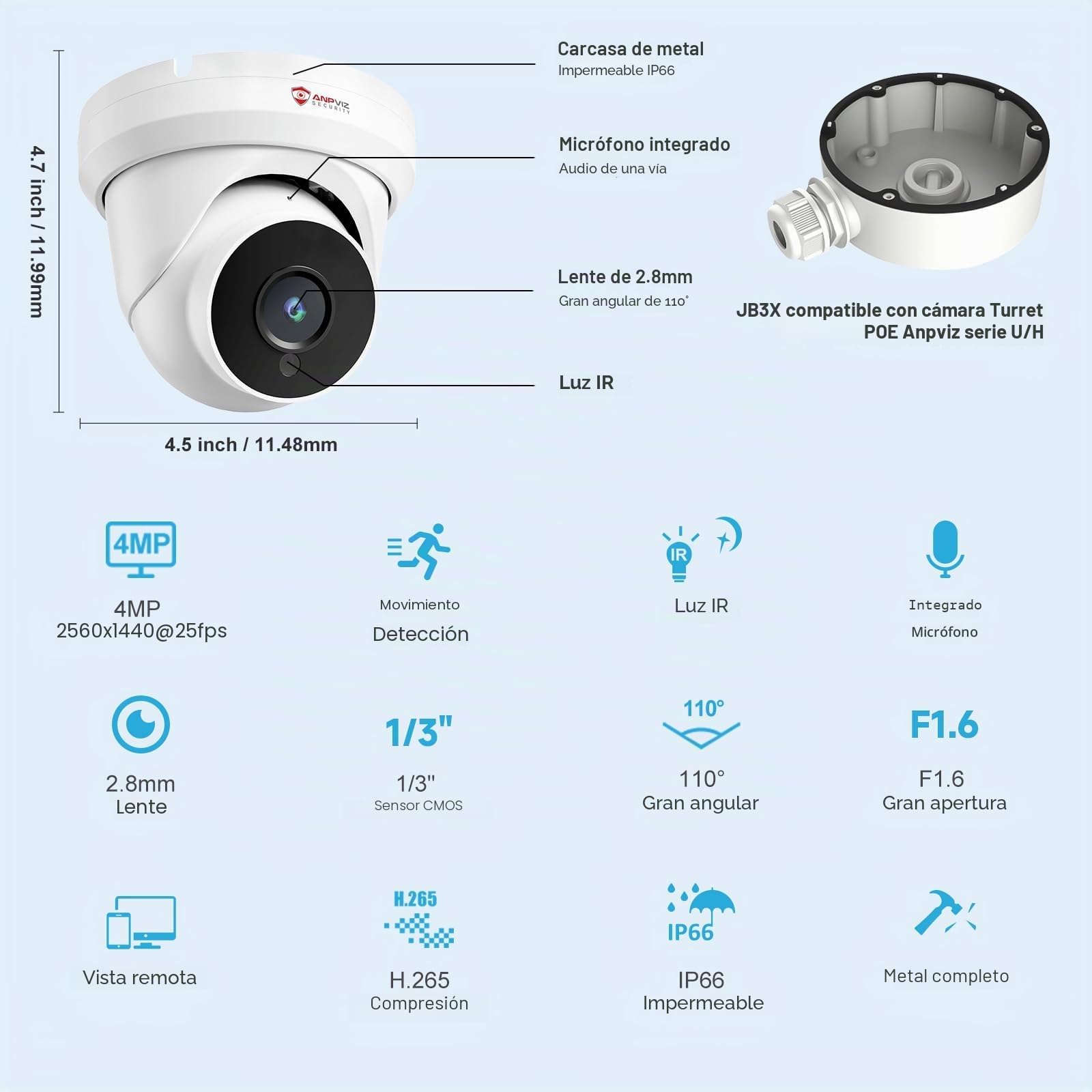 Anpviz 4MP PoE Camara Vigilancia Exterior, Micrófono/Audio IP Domo Cámara | Seguridad con Detección Personas, Visión Nocturna de 30m, IP66 Impermeable, Lente Gran Angular de 110° y 2,8 mm(Series U)