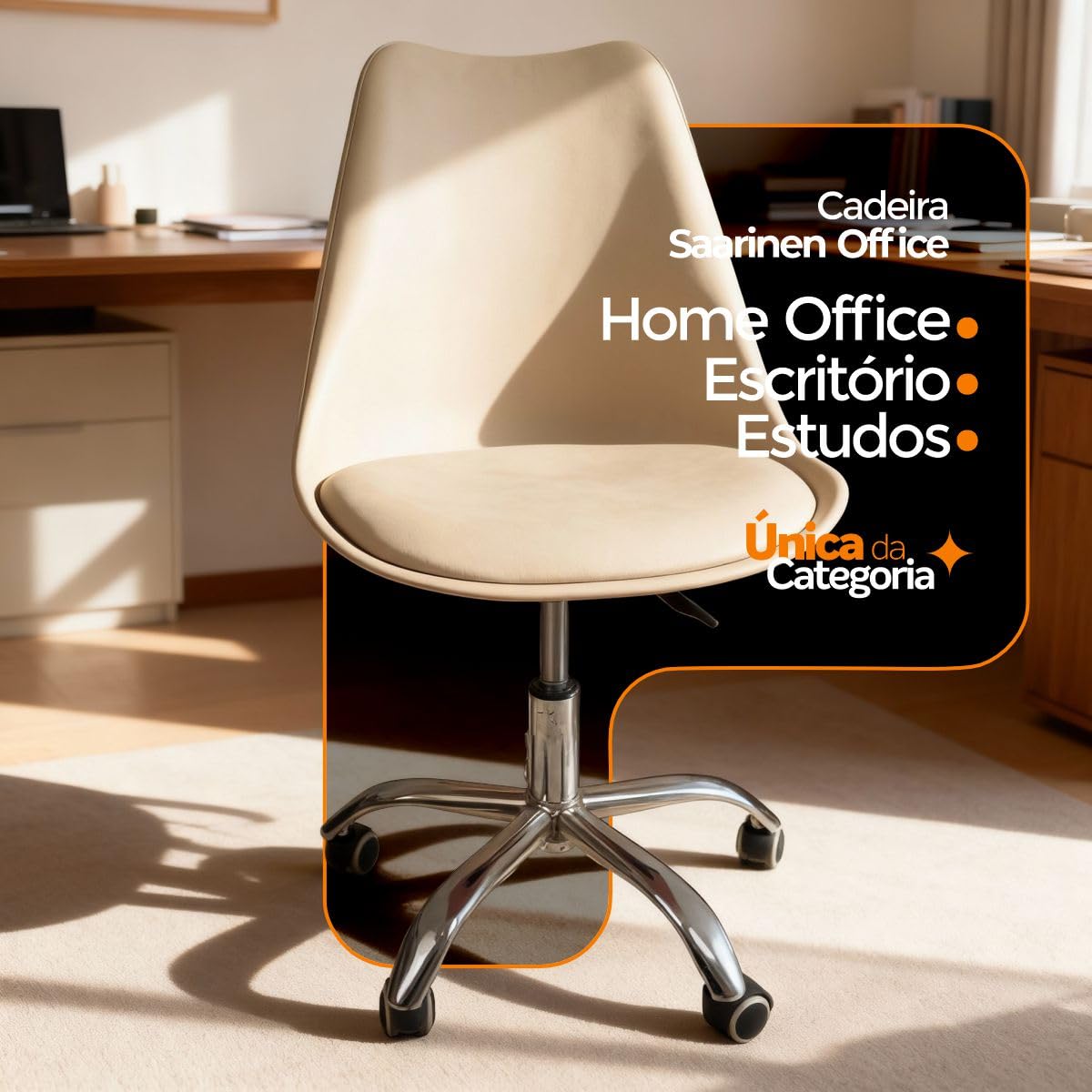 Cadeira Office Base Cromada Com Rodizio Giratória Saarinen Bege
