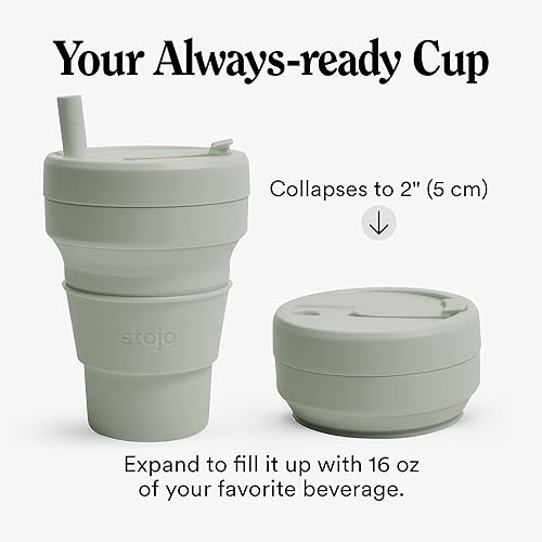 Miniatura 2 de Stojo - Taza de viaje plegable de 16 onzas con pajilla, color verde salvia, taza reutilizable de silicona, tamaño de bolsillo, para bebidas frías y