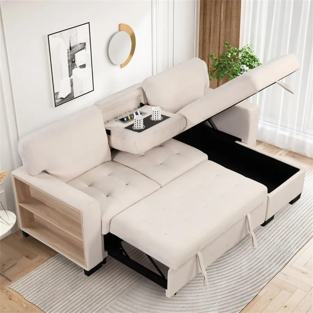 Functional Light Chaise Sofa with Storage Rack Pull-Out Bed Drop Down Table and Charger,for Living Rroom