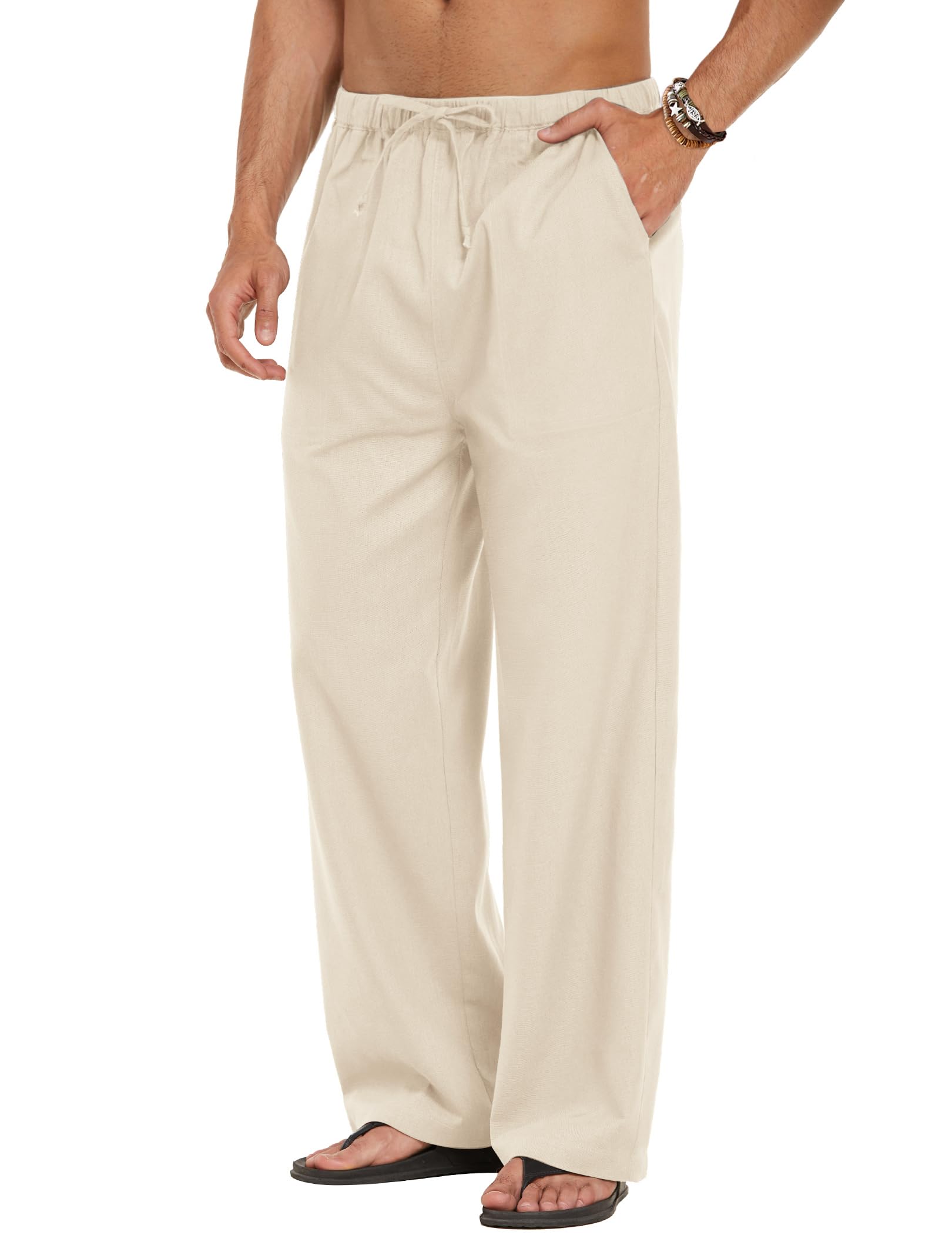 COOFANDY Mens Linen Pant Elastic Waist Linen Pants Drawstring Summer Beach Pant