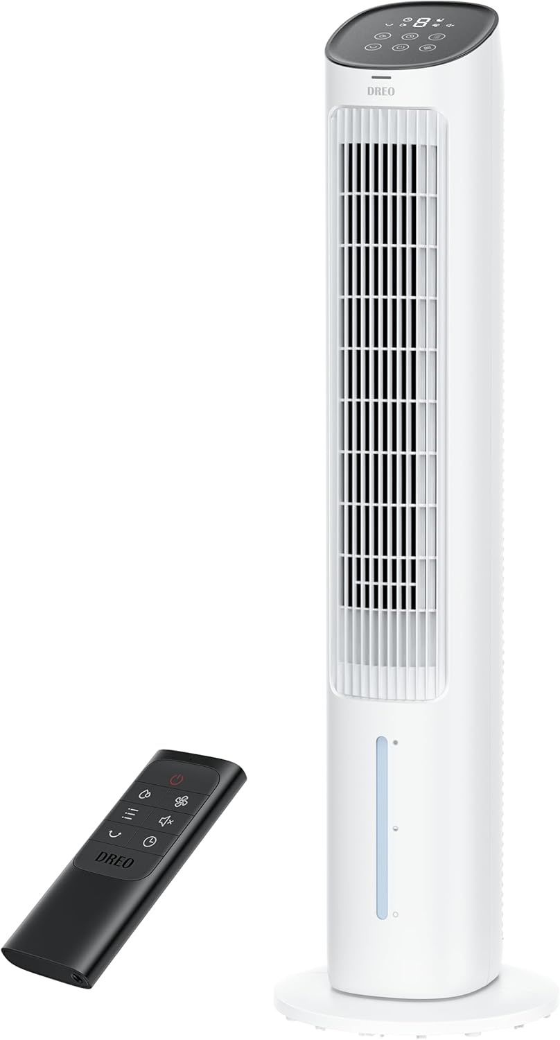 DREO Portable Air Conditioners Fan, 40” Standing Fans that Blow Cold Air, Portable AC，80° Oscillating Evaporative Air Cooler，Removable Water Tank, Ice Packs, Remote Control, 4 Speeds, 7H Timer, Black