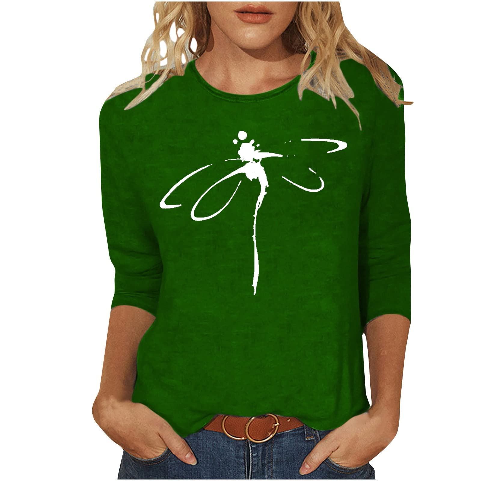 AMhomelyWomens Tops Casual Dressy Shirts Dragonfly Printed Round Neck 3/4 Sleeve Summer Vacation T Shirts Plus Size Blouses Shirt Cute Tees Trendy Blouses Tshirt Ladies Henley T-Shirt