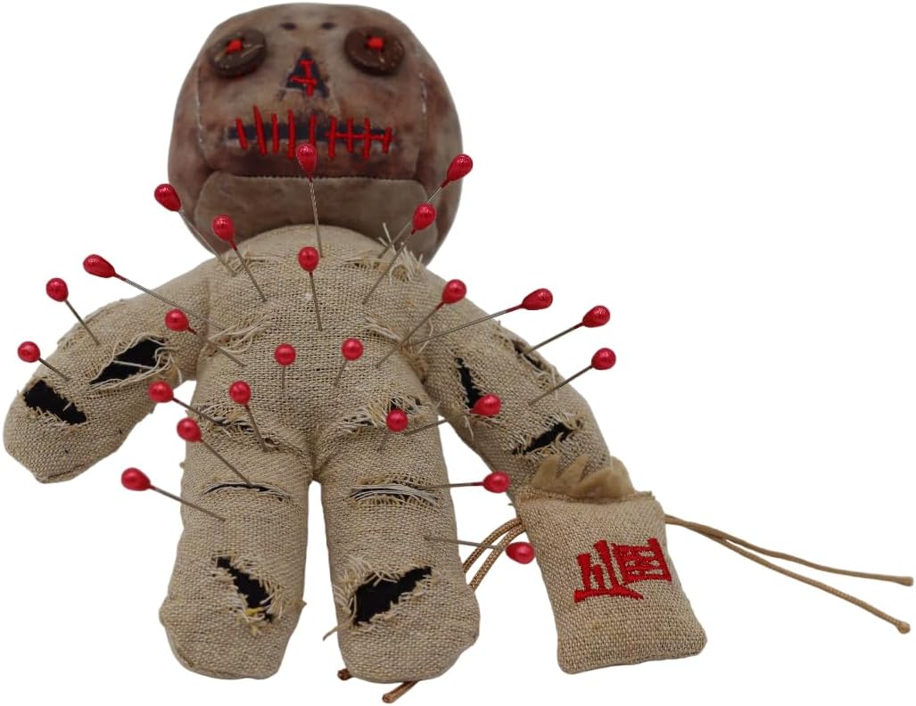 Voodoo Rue Handcrafted Collectors Doll - 7” Poseable Burlap Doll with Bendable Arms, Includes Set of Pins and 8” Coffin Carrying Case - Spooky Dolls