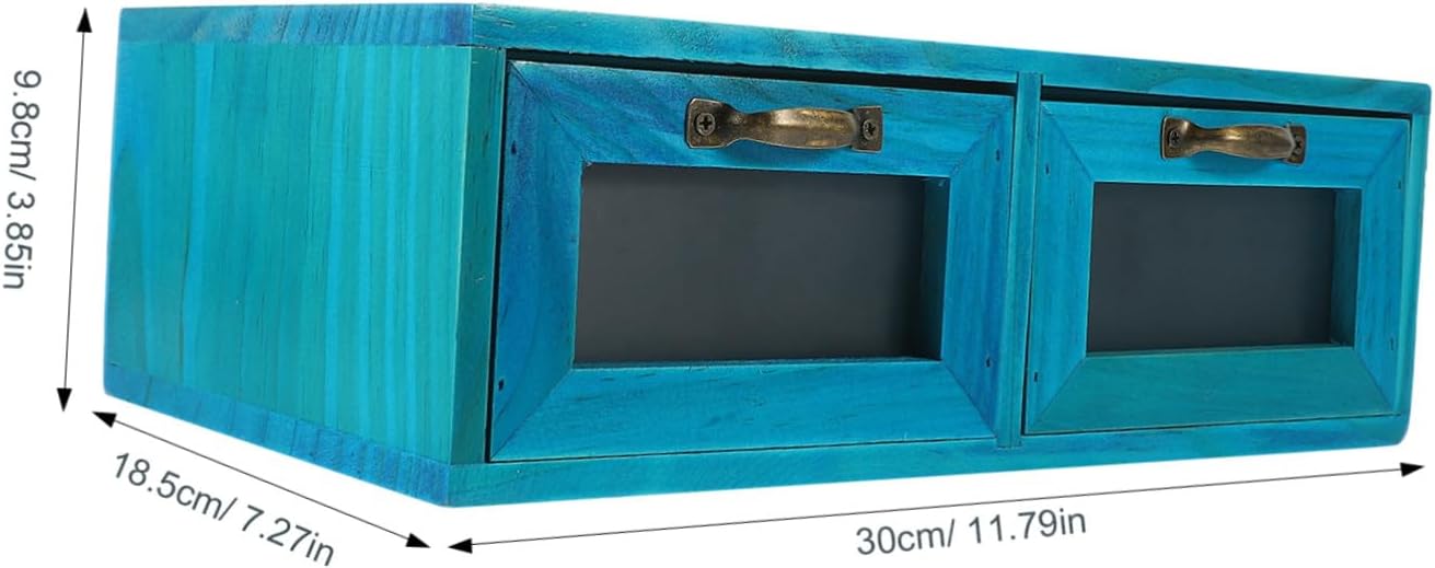Wooden Desktop Drawer Cabinet Organizer with Dual Mediterranean Blue Vintage Style Makeup Storage Box for Vanity Office Bedroom and Home Sundries Multifunctional Tabletop Storage