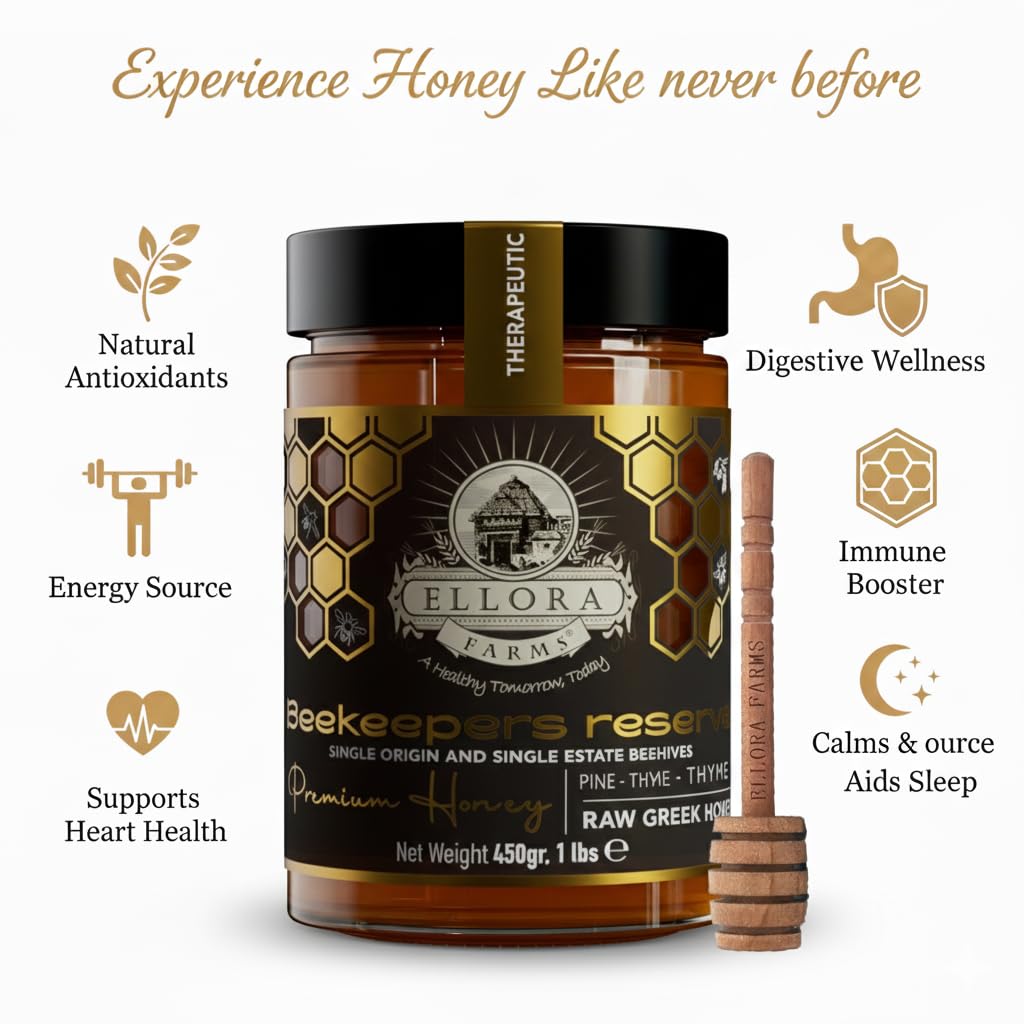 Ellora Farms Greek Honey Single Estate PDO, Pine & Thyme Raw Honey Unfiltered, Beautiful Gift Pack with Dipper, Beekeepers Reserve, Pure Raw & Unfiltered Cold-Pressed, Gluten Free - 450 g
