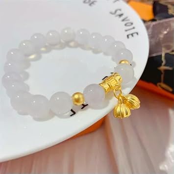 Real Pure 24k Yellow Gold Bracelet 3D Lotus Tube Bead White Chalcedony 7inchL-With Gold Bead-0.7-1g