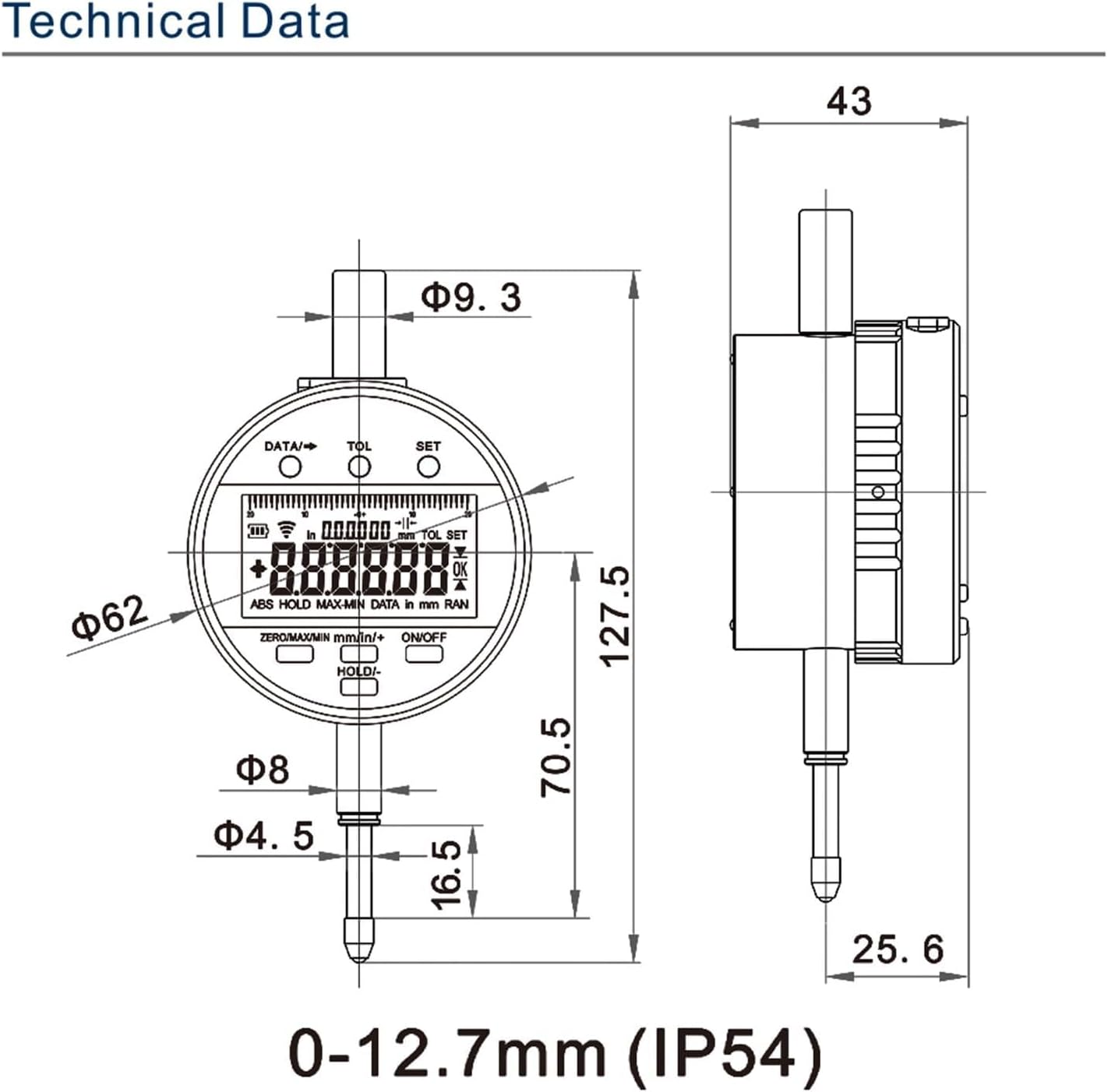 Micrometer, Wireless Digital Indicator 0.5Μm Resolution Ip54 Electronic Indicator 0-12.7/25.4/50.8Mm with Rechargeable Battery,0-12.7mm-F