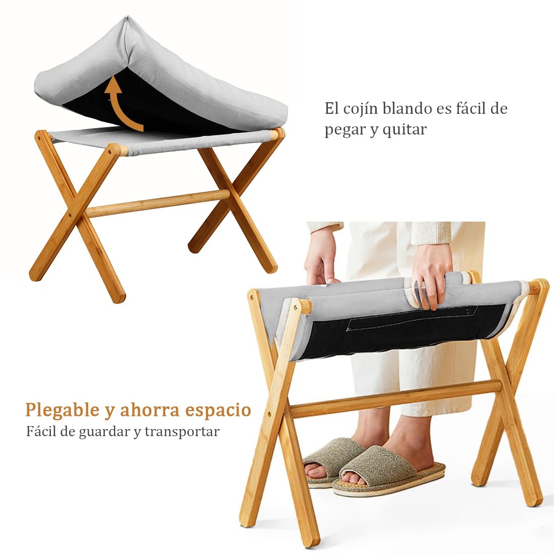 Taburete Bajo Plegable con Cojín Blando para Cambiar Zapatos 54x34x36cm