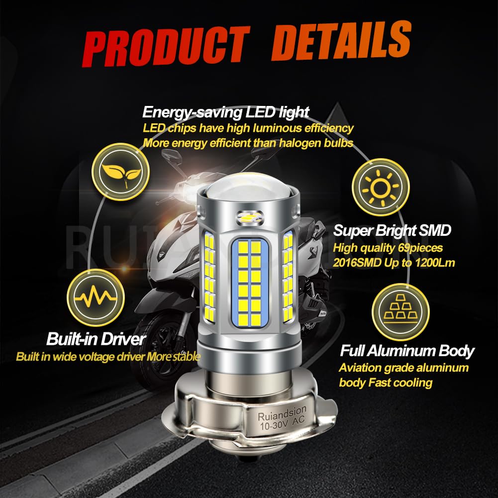 Ruiandsion 2PCS P26S LED Lampadina Del Motociclo Bianco AC/DC 10-30V 2016 69SMD Chips LED Lampadina per ATU/ATV Motobike Lampada, Plug and Play, Non-Polarità