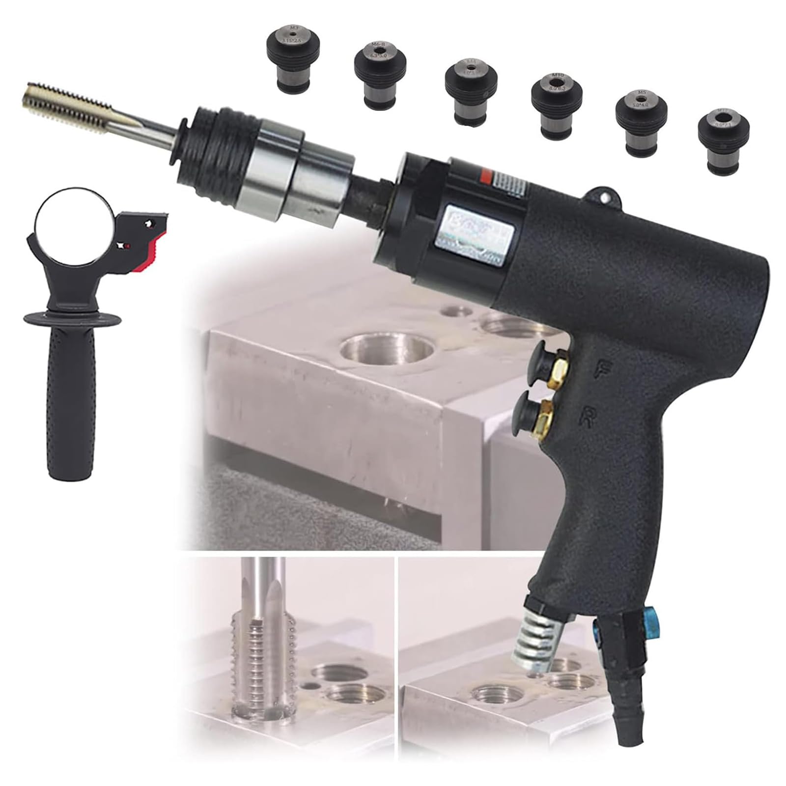 Taraudeuse pneumatique incurvée VOYADE avec mandrins M3-M12 et poignée noire