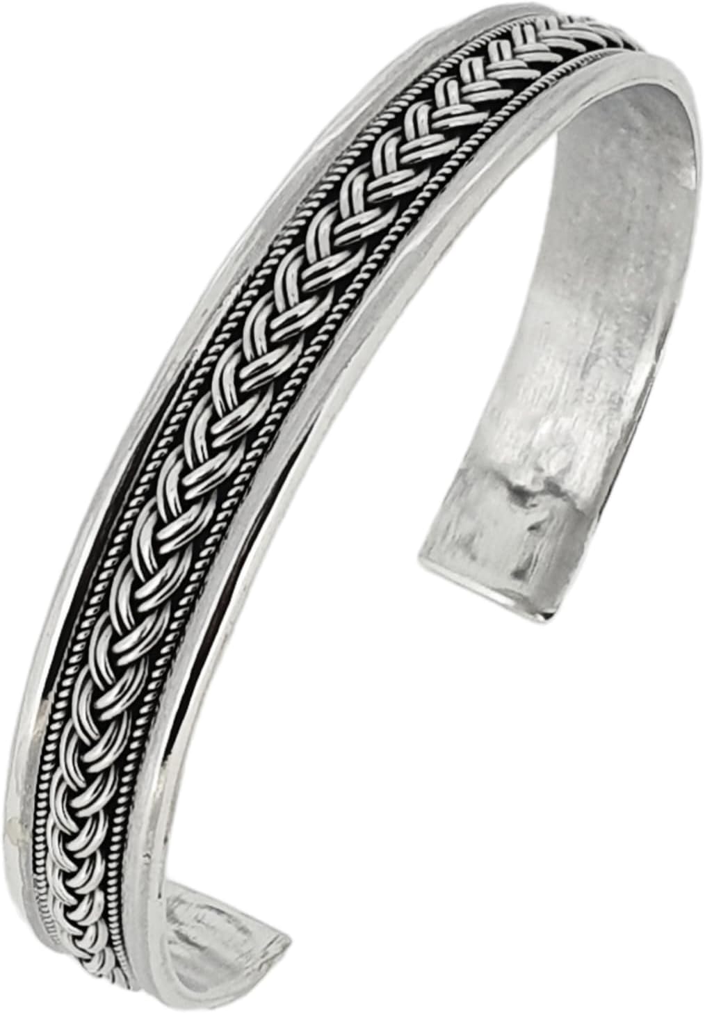 10mm Men's Silver Bracelet Bangle Open Cuff Braided Details - Sterling Silver Cuff Bangle Wristband for men and Women