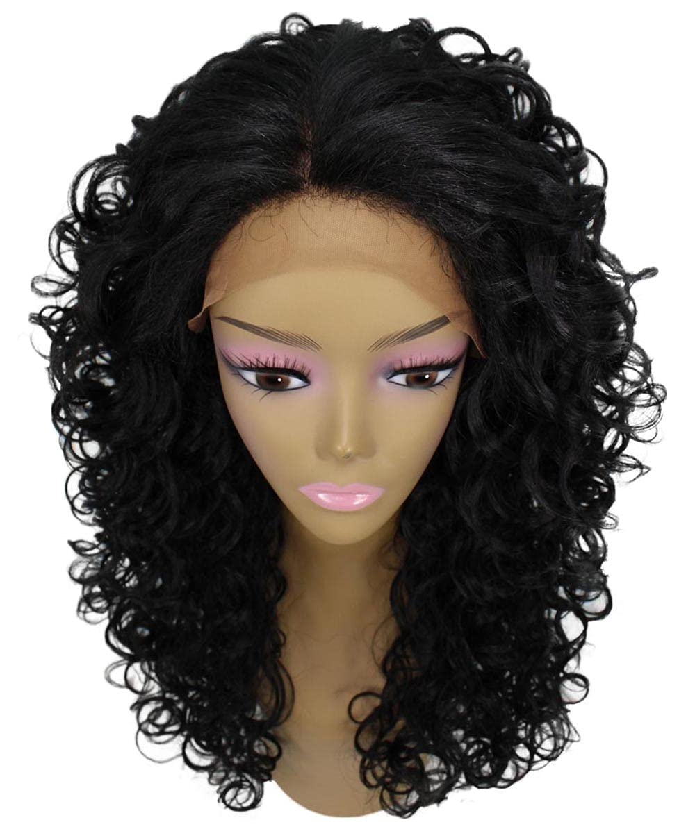 LUXLUXE Mariah Curly 16 Inch Long 7x4 Hand-Tied Lace Front Wig, Heat Resistant Fiber, 20+ Shades of Natural, Dip Dyed, & Blended Colors (#1 - Black)