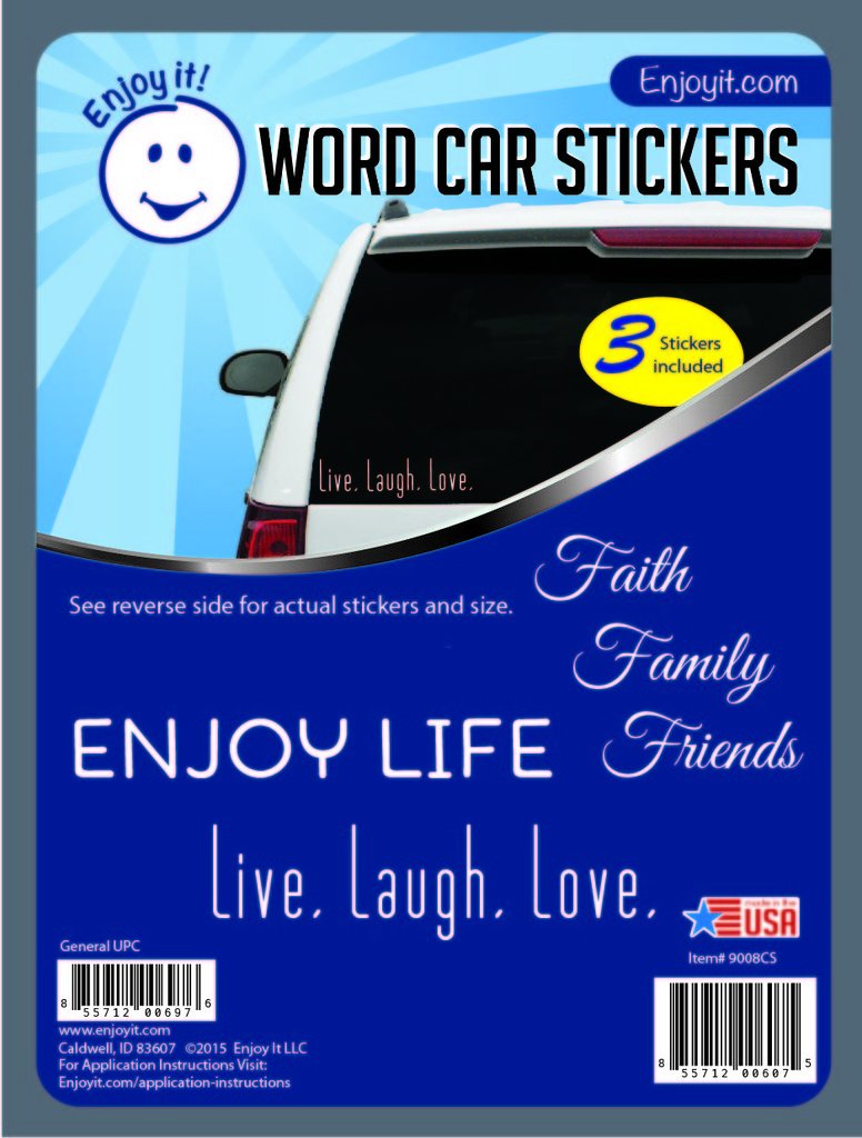 Enjoy It Word Car Stickers, 3 Pieces, Outdoor Rated Vinyl Sticker Decals (Faith Family Friends, Enjoy Life, Live Laugh Love)