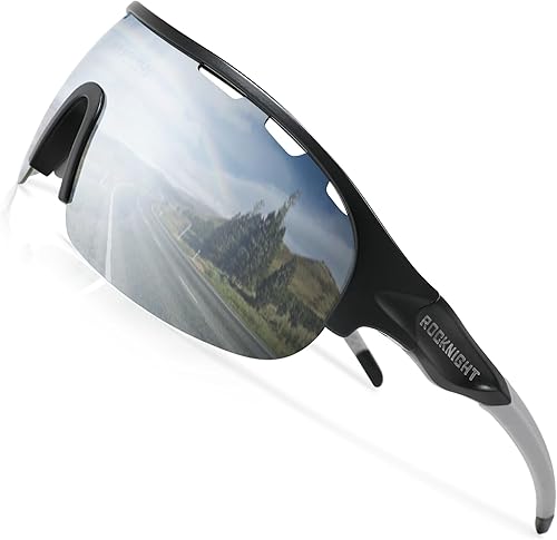 ROCKNIGHT Gafas de sol deportivas de ciclismo para hombre, polarizadas, protección UV, plateadas, espejadas, para exteriores, cabeza media, ligeras