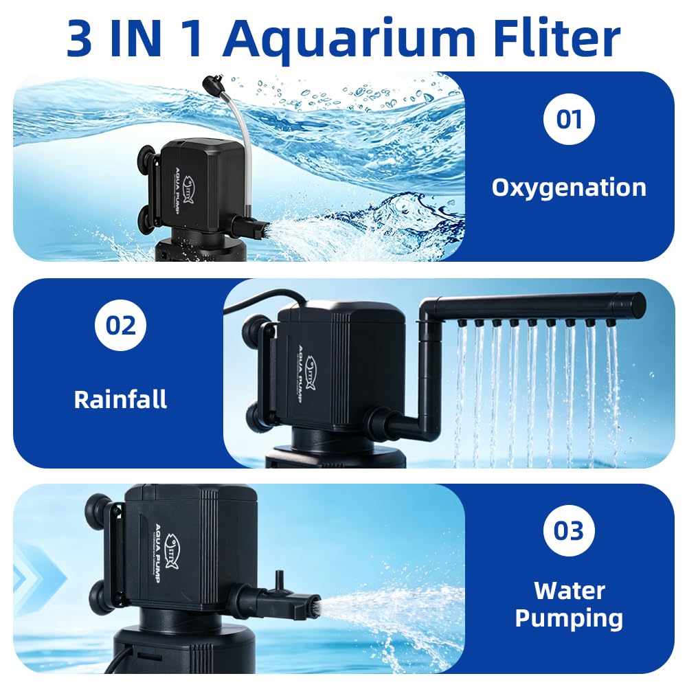 Filtro de acuario 4 en 1, filtro de luz U-V con temporizador, bomba interna de acuario con modo de bombeo de agua de lluvia de oxigenación para tanques de agua dulce y salada (12 W 1000 L/H)
