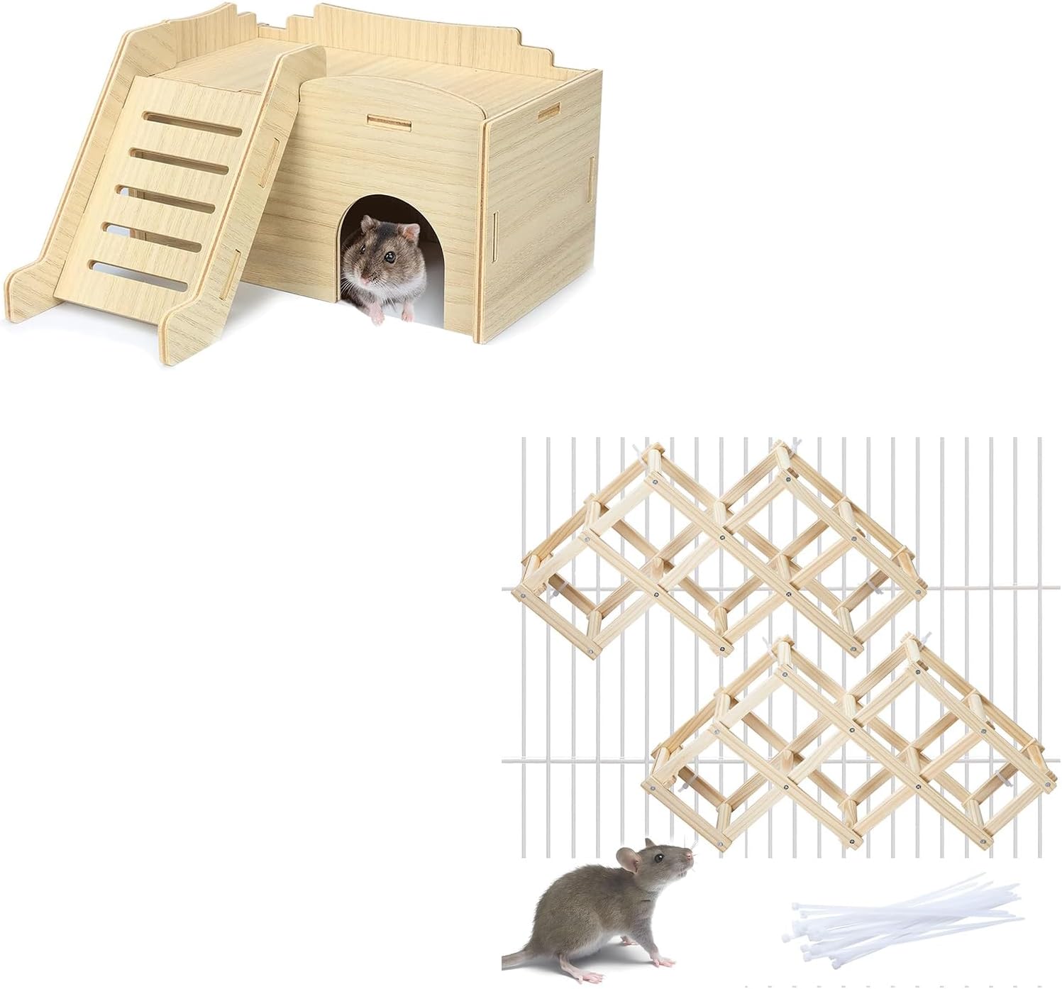 Syrian Hamster Hide, Wooden Hamster House & Wooden Rat Climbing Toys, Natural Pet Rat Cage Accessories Climbing Ladder, Fancy Rats Enrichment Toys Activities (M, 2PCS)