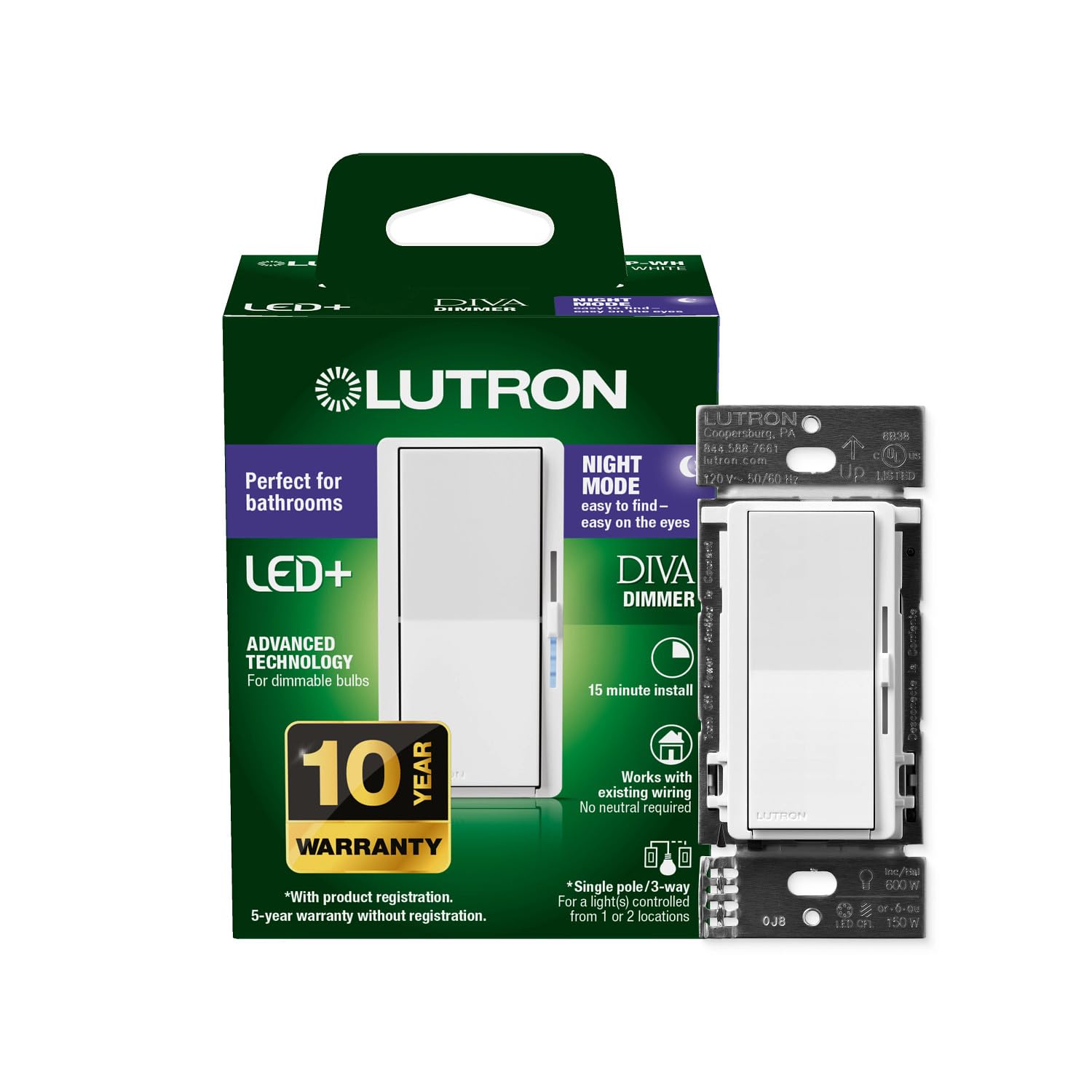 Lutron Diva LED+ Regulador de intensidad con modo nocturno para LED | Modo nocturno Diva para baños y pasillos, barra de luz de brillo suave para luz localizadora, no requiere neutro