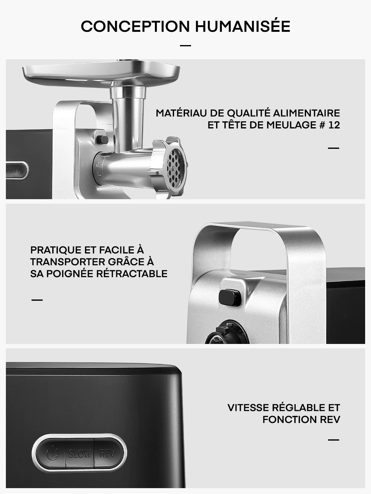 HOUSNAT 5-en-1 Multifonctions Hachoir à Viande Électrique Professionnel | avec 3 Plaques de Broyage en Acier Inoxydable, 2800W Max Puissance de Verrouillage, pour Saucisse, Kubbe, Légume