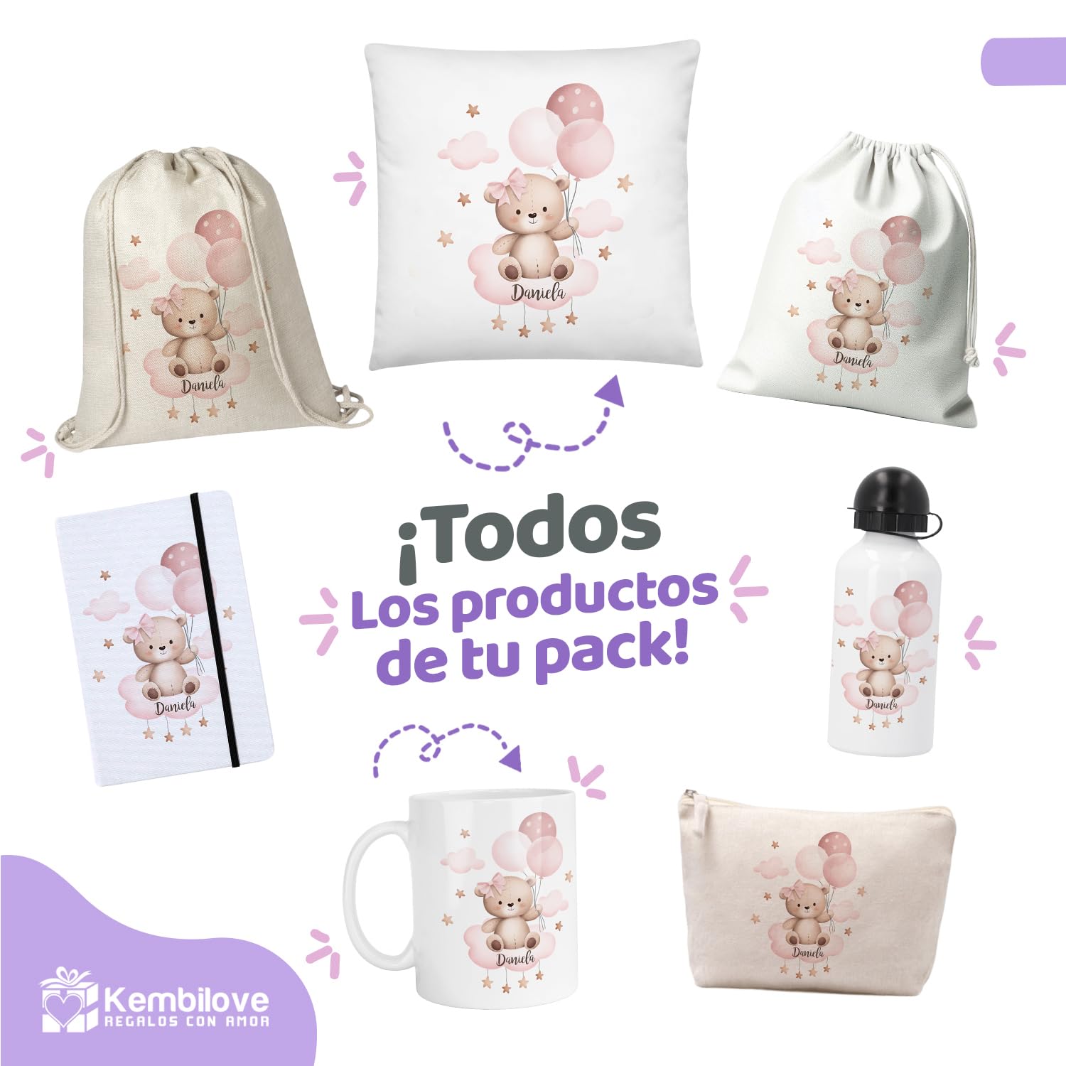 Kembilove Pack vuelta al cole personalizado con nombre niña/Osita con globos/Mochila + botella + taza + libreta + neceser/Regalo escolar guardería infantil/Set Colegio o Escuela