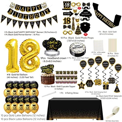 amazon com 18th birthday decorations for boys girls 76pack black gold party banner pennant hanging swirl birthday balloons tablecloths cupcake topper crown plates photo props birthday sash for men gift home