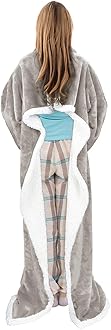 Catalonia Sherpa Wearable Blanket with Sleeves & Foot Pockets for Adult Women Men, Comfy Snuggle Wrap Sleeved Throw Blanket Robe, Gift Idea, Camel