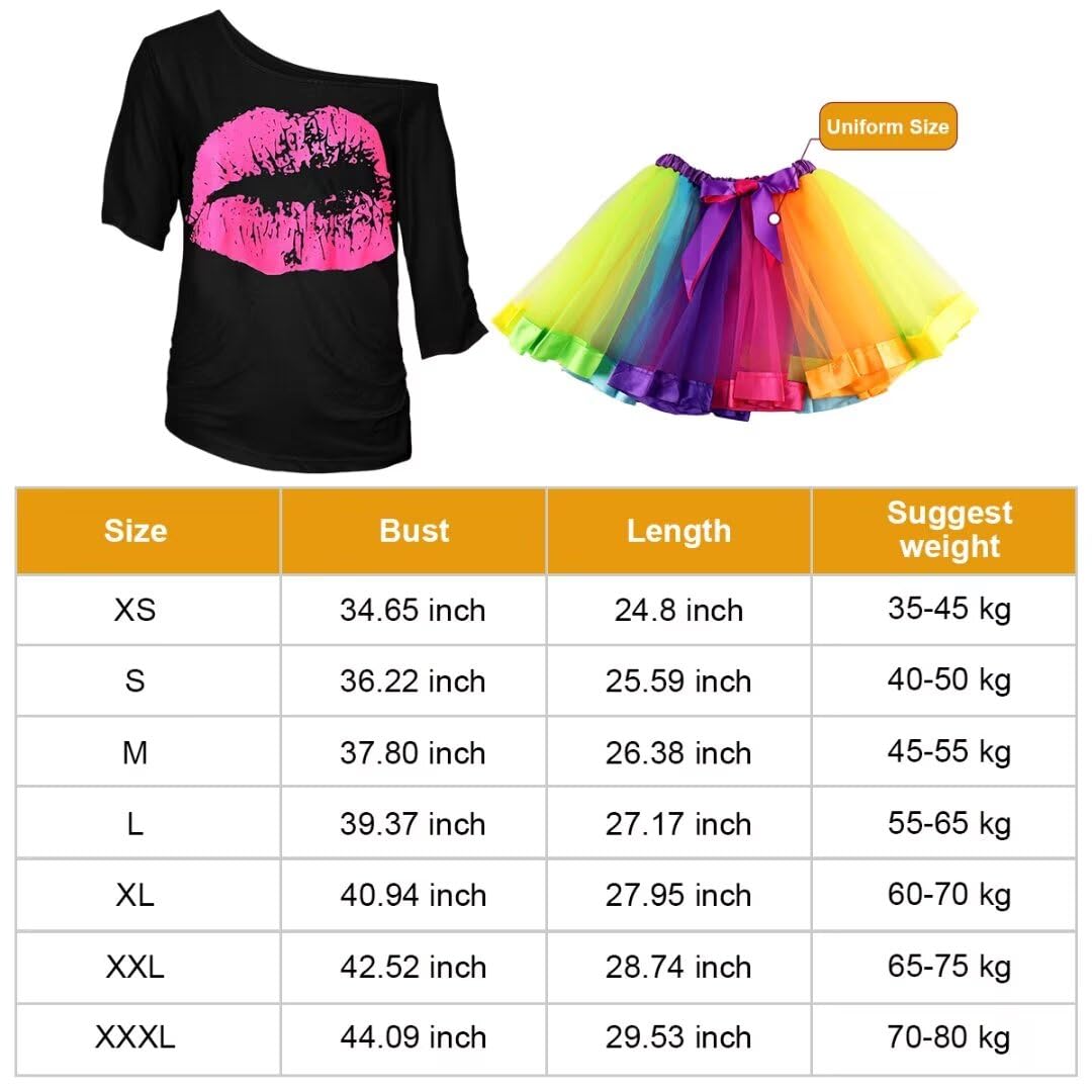 WILDPARTY 80s Fancy Dress For Women, Lip Print T-shirt, Tutu Skirt, Leg Warmers, Necklace, Fishnet Gloves, Earrings, Neon Costumes Accessories for Retro Theme Party Cosplay - Image 2