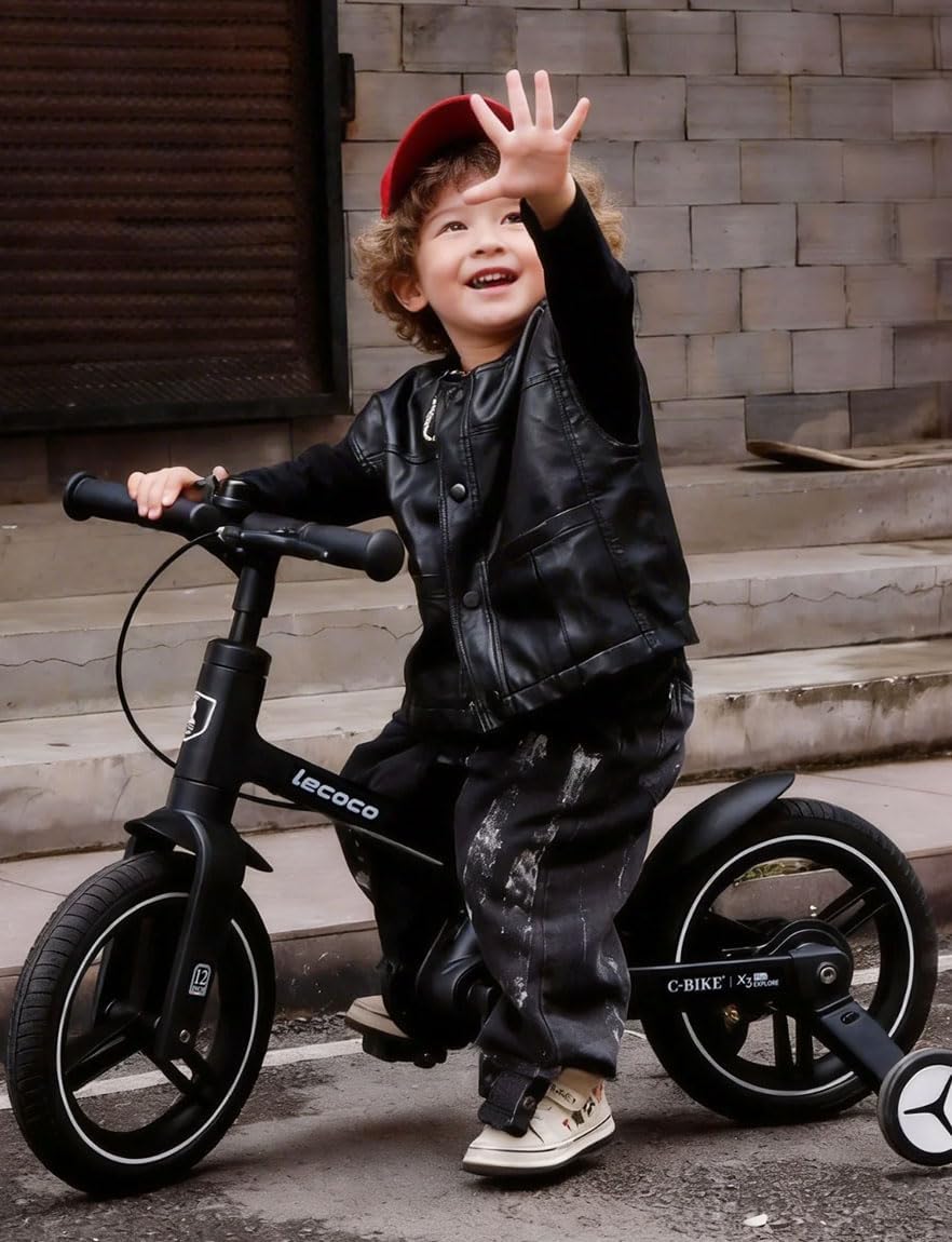 lecoco Upgraded Toddler Bike with Push Handle 6 in 1 for Kids, Balance Bicycle Toys with Training Wheels, Brackes, Cup Holder, Pedal, Kickstand Birthday Gift for Boys and Girls