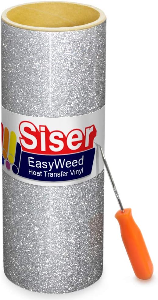Siser Glitter Silver Easyweed Heat Transfer Craft Vinyl Roll Including Stainless Steel Weeding Tool (10ft x10