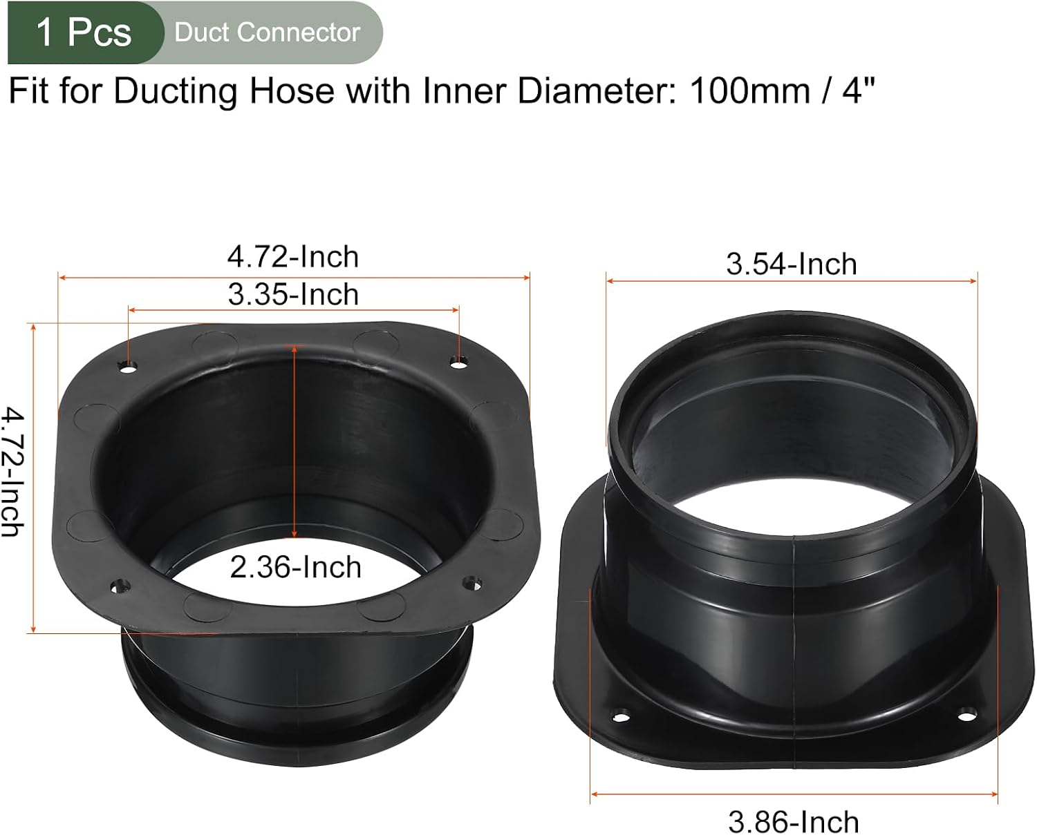 YOKIVE Duct Connector Flange, Plastic Square to Round Straight Hose Flange Connect Air Duct, Great for Ventilation System (Black, 4-Inch)