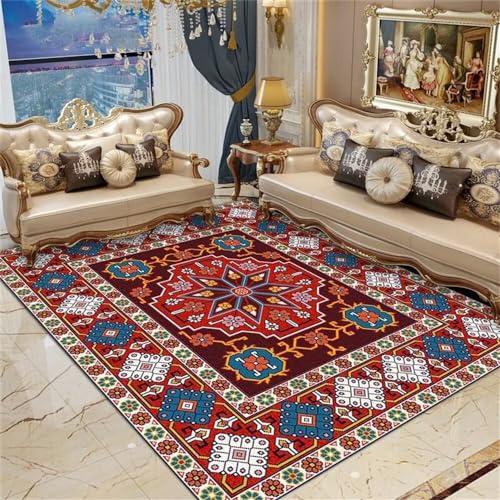 Tapis de salon lavable en machine bleu géométrique ethnique grand format 180x250cm