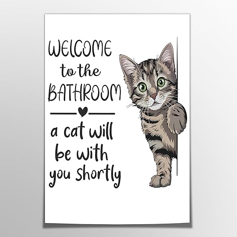 HNNXAR Funny Cat Bathroom Wall Art,Welcome To The Bathroom A Cat Will Be With You Shortly Paintings Posters,Black and White Funny Animal Canvas Pictures Prints Wall Decor 12x16in Unframed